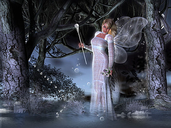White princess, star, wings, darkness, trees, scepter, flowers, calla lillles, lake HD wallpaper