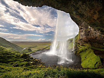 Spirit of the water, Green, Grass, iceland, Cant think of a fourth, Waterfall, Cave HD wallpaper