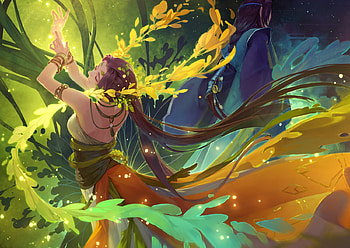 Water nymph, colorful, blue, nymph, art, mu meiren, mumeiren, fantasy, green, yellow, underwater, luminos, water HD wallpaper