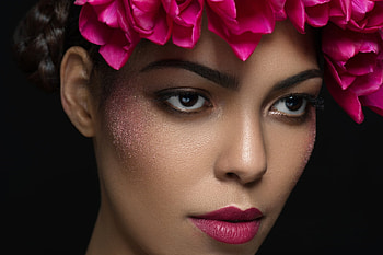 Beauty, pink, black, model, flower, face, girl, marc lamey, woman HD wallpaper