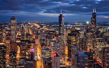 Chicago, Willis Tower, evening, sunset, Chicago skyscrapers, Trump International Hotel and Tower, Chicago panorama, Chicago cityscape, Illinois, USA HD wallpaper