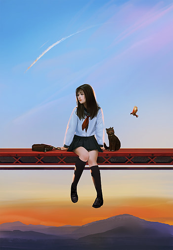 Anime girl and her kitten, original, artwork HD phone wallpaper