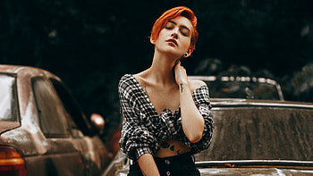 Red Head Girl Sitting On A Vintage Car , girls, model HD wallpaper