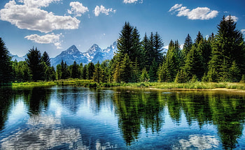 Mountain Lake, grass, mountain, lake, daylight, day, reflection, clouds, trees, nature, sky, water, forest HD wallpaper