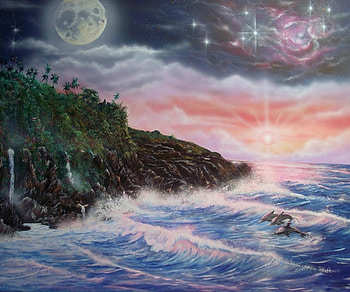 SUN~MOON AND STARS, DOLPHINS, SKY, OCEAN, STARS, WAVES, PAINTING, MOON, SUN HD wallpaper