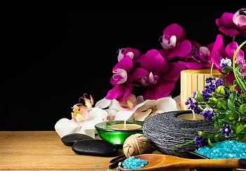 Spa, black stones, candles, flowers, orchid, colorful salts HD wallpaper