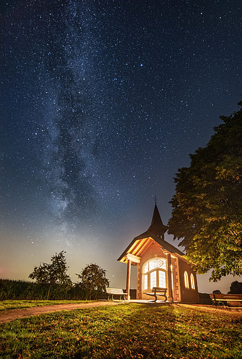 Night, Architecture, Building, Shine, Light, Miscellanea, Miscellaneous, Starry Sky HD phone wallpaper