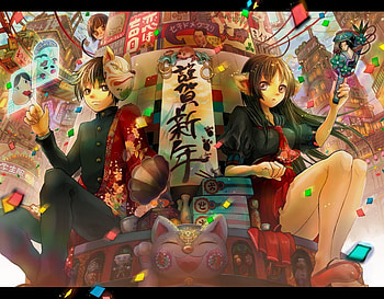 Celebration!, little girl, mask, confetti, uniform, girl, cat, tie, neko, boy, ears HD wallpaper