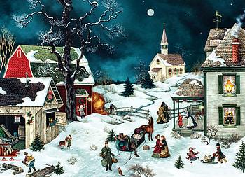 Moonlit Winter, winter, December, art, beautiful, illustration, artwork, scenery, occasion, wide screen, holiday, painting, Christmas, snow HD wallpaper