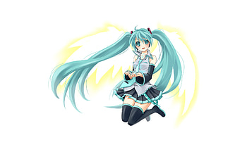 Hatsune Miku, blue, black, awesome, song, cute, vocaloid, beauty, nice, miku, music, vocaloids, hatsune, thighhighs, aqua eyes, skirt, program, white, twintail, girl, singer, aqua, beautiful, diva, tie, anime, pretty, aqua hair, cool, idol, virtual HD wallpaper