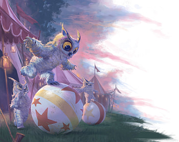 Owlbear, art, owl, purple, ognjen sporin, pink, bear, fantasy, circus, luminos, lilac HD wallpaper