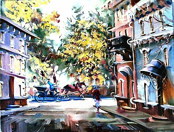 19th Century Cityscape 1, artwork, scenery, horse, painting, buggy, art, cityscape HD wallpaper