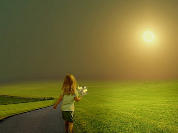 FLOWERS IN HEAVEN, dom, dreams, children, sunsets, kids, grass, people, landscapes, horizons, flowers, sky, roads, days end HD wallpaper