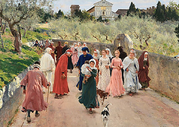Dante meeting Beatrice, art, red, beatrice, pictura, dante, couple, people, pink, painting, raffaello sorbi HD wallpaper