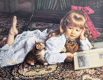 Little girl with kitten, kitten, art, girl, cat, copil, little, pisica, vladislav nagornov, bbow, painting, pictura, red, child HD wallpaper