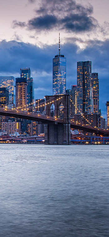 Vertical NYC: Brooklyn Bridge & One World Trade at Dusk, skyscraper, USA, New York, building, bridge, man made HD phone wallpaper