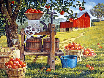Cider Time, barn, apples, utensila, painting, trees, meadow HD wallpaper
