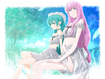 Hatsune Miku & Megurine Luka, glow, awesome, artistic, nice, digital, cg, petals, flower, hatsune, aqua eyes, sexy, white, hatsune miku, art, twintail, hot, meadow, girl, singer, aqua, pink hair, tree, anime girl, earrings, anime, pretty, light, green, megurine, virtual, blue, luka, black, song, cute, vocaloid, dress, beauty, miku, music, moon, moonlight, vocaloids, thighhighs, megurine luka, program, skirt, zettai ryouiki, beautiful, diva, pink, aqua hair, cool, clouds, sky, idol HD wallpaper