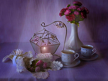 Still life, table, tea, vase, nice, purple, pretty, light, flowers, lovely, harmony HD wallpaper