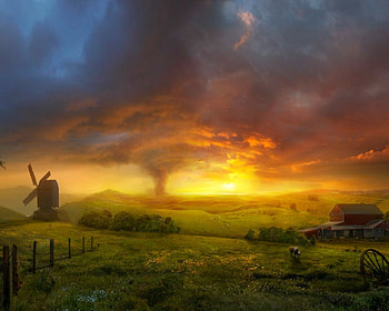 The Oncoming Storm, cow, windmill, farm, tornado, storm clouds HD wallpaper