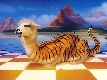 Imagination, squares, art, creature, cloud, mountain HD wallpaper