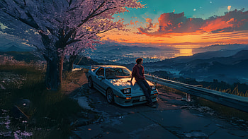 Anime Boy With Nissan Gtr On Mountain Peak, anime-boy, nissan-gtr, mountain, peak, tree, sunset, sky, city, artist, artwork, art, digital-art, ai HD wallpaper