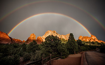 Rainbow in Mountains, landscape, river, colors, sky HD wallpaper