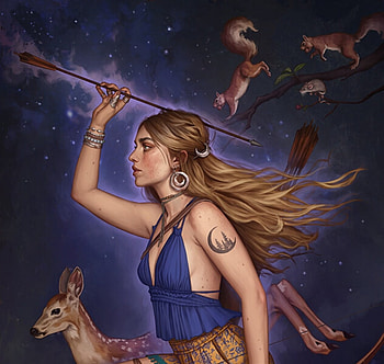 Artemis, girl, arrow, goddess, blue, diana, art, fantasy, deer, fernanda suarez, fdasuarez, squirrel HD wallpaper
