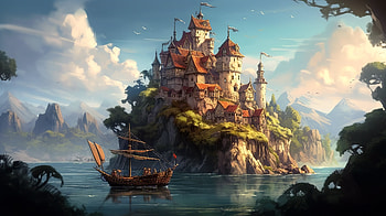 Castle on an Island, fantasy, castle, AI Art, boat HD wallpaper