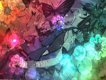 colorful, cartoon, man, colors, beauty, butterflies, anime, drawing, flowers, manga, male HD wallpaper