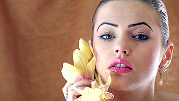 Beauty, pink, model, flower, face, lips, girl, woman HD wallpaper