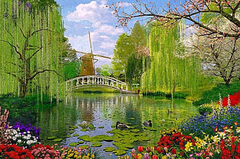 Windmill Lake, windmill, attractions in dreams, beautiful, spring, gardens, ducks, love four seasons, lakes, trees, nature, flowers, bridges HD wallpaper