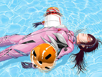 Look to the sky..., blue, evangelion, makinami mari illustrious, pink suit, nge, neon genesis evangelion, orange, water HD wallpaper