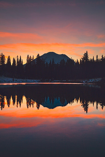 Nature, Trees, Sunset, Sky, Mountains, Reflection HD phone wallpaper