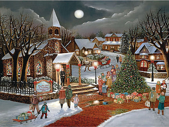 Spirit of Christmas, snow, gifts, people, church, houses, village, tree, decoration, painting, moon HD wallpaper