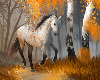 :), white, horse, art, staa, sta a, cal, orange, tree, fantasy, autumn, luminos, forest HD wallpaper