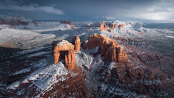 Sedona, Arizona, rocks, snow, landscape, desert, clouds, sky, usa HD wallpaper
