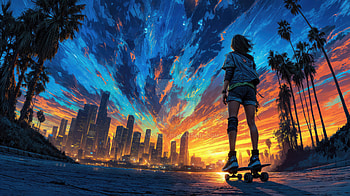Skater Horizon Edge Of Electric Tomorrow, skateboard, cityscape, tree, sky, artist, artwork, art, digital-art, ai, deviantart HD wallpaper