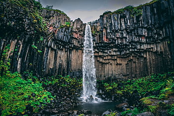 Captivating waterfall cascading over unique basalt columns surrounded by vibrant greenery. HD wallpaper