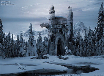 unicorn land, unicorn, trees, water, snow HD wallpaper