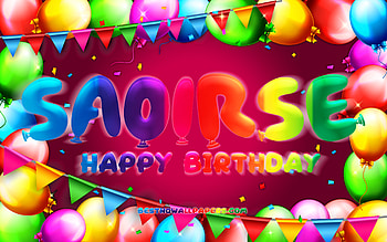 Happy Birtay Saoirse, , colorful balloon frame, Saoirse name, purple background, Saoirse Happy Birtay, Saoirse Birtay, popular american female names, Birtay concept, Saoirse HD wallpaper