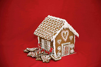 Christmas-themed cake, Festive gingerbread house, Red and white design, Delicious and indulgent HD wallpaper