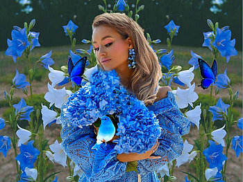 Delicate Blue, sky, girl, blue bird, colorful, blue, vibrant, bird, royale, butterflies, vivid, bright, bold HD wallpaper
