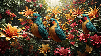 Colorful Birds, bird, colorful, flower, jungle, tree HD wallpaper