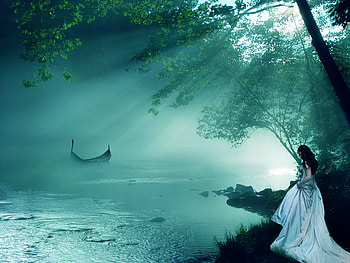 Fantasy River, river, moon, woman, tree HD wallpaper