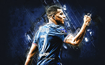 Kylian Mbappe, Paris Saint-Germain, portrait, French footballer, PSG, blue stone background, football, Ligue 1, PSG Mbappe, grunge art HD wallpaper