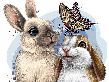Bunnies and butterfly, bunny, harsh taggar, butterfly, rabbit, art HD wallpaper
