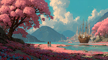 Sakura Shoreline — Fantasy Wanderlust, Sailboat, Mountain HD wallpaper