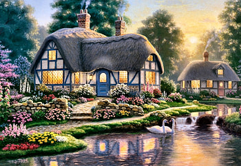 Swan Cottage F1, architecture, art, landscape, lake, artwork, scenery, wide screen, swans, painting, cottage, Tudor, water HD wallpaper