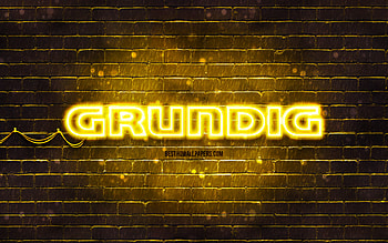 Grundig yellow logo, , yellow brickwall, Grundig logo, brands, Grundig neon logo, Grundig HD wallpaper